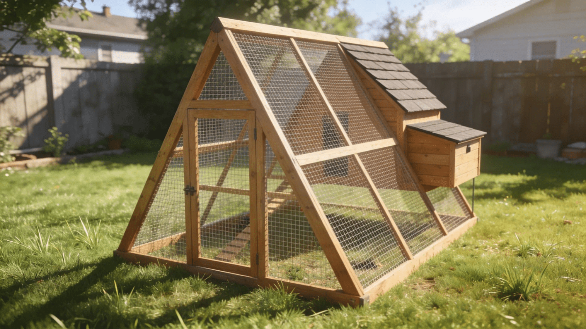 a frame chicken run with wooden frame wire mesh sides attached coop and chickens on grass in a backyard