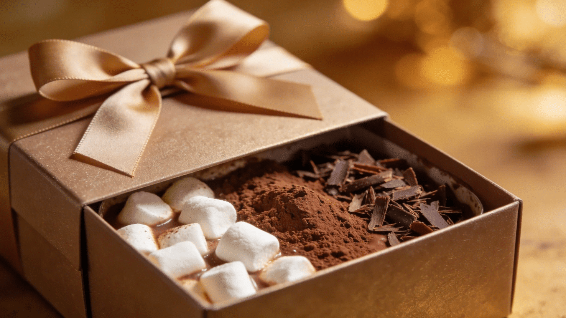 a gift box filled with hot chocolate mix cocoa powder marshmallows and chocolate pieces for favorite things party gift ideas