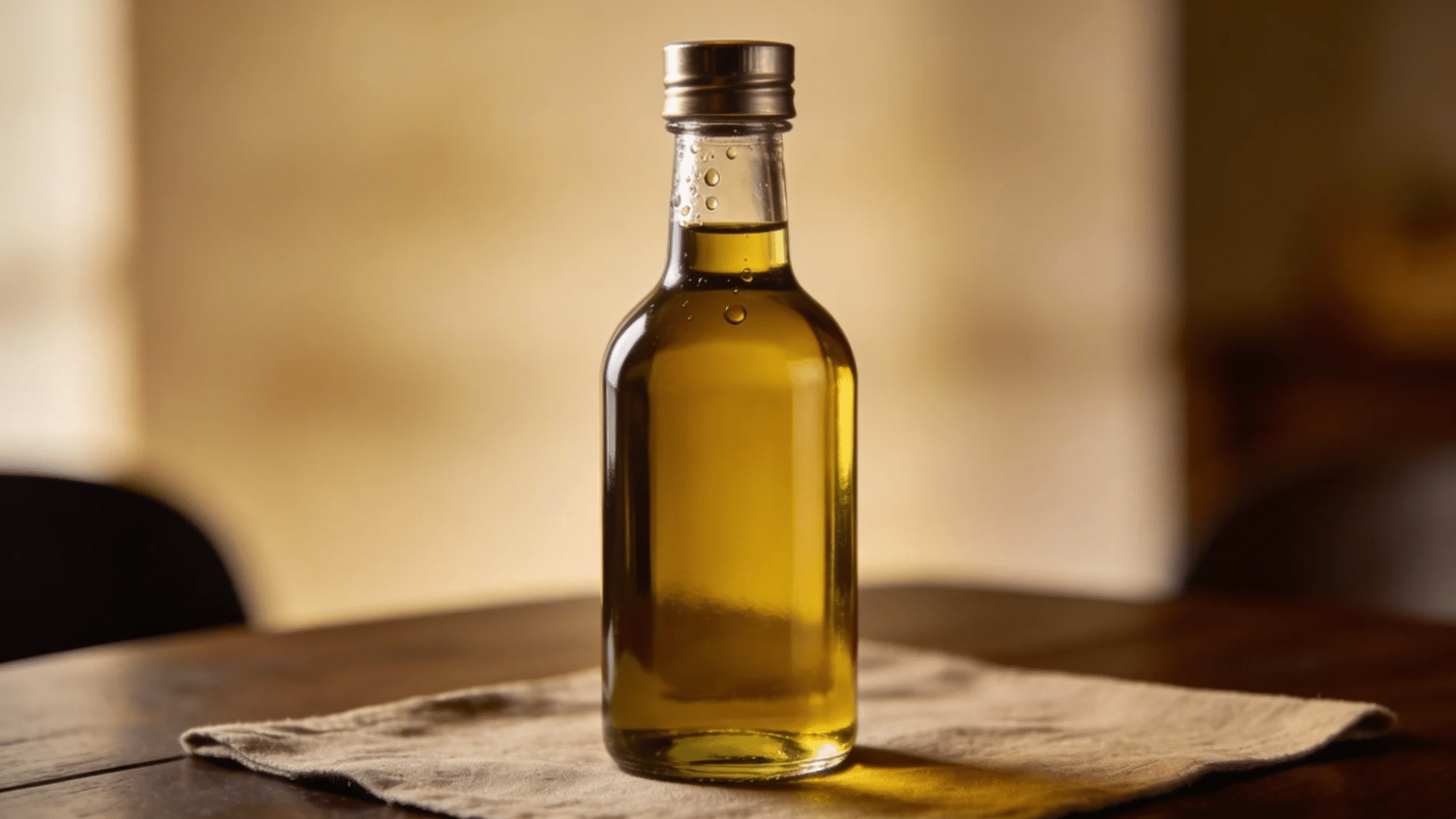 a glass bottle filled with golden cooking oil placed on a table in a warm setting for favorite things party gift ideas