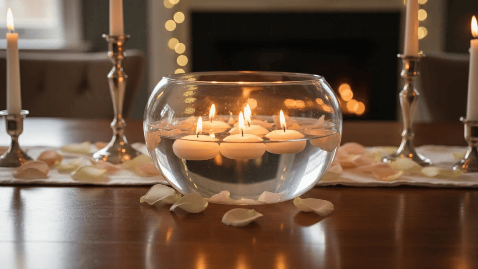 a glass bowl with floating candles on table surrounded by petals with fireplace and soft lights in background creating warm cozy ambiance