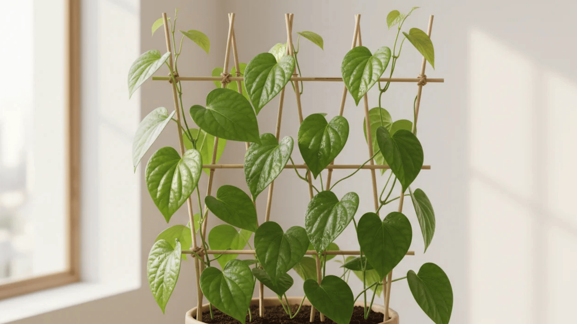 a green climbing plant with heart shaped leaves growing on a wooden trellis in a pot near a bright window