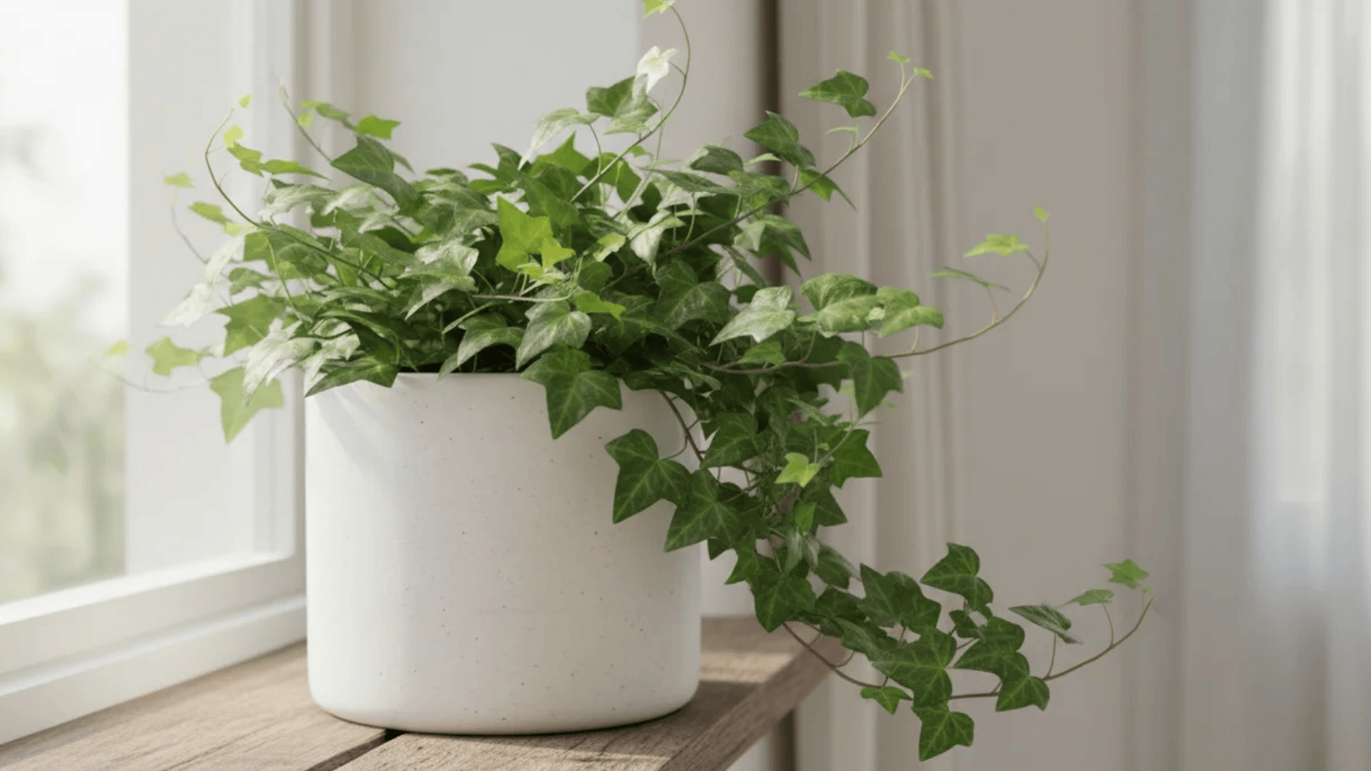 a green ivy plant in a white pot placed on a wooden surface near a window with soft light