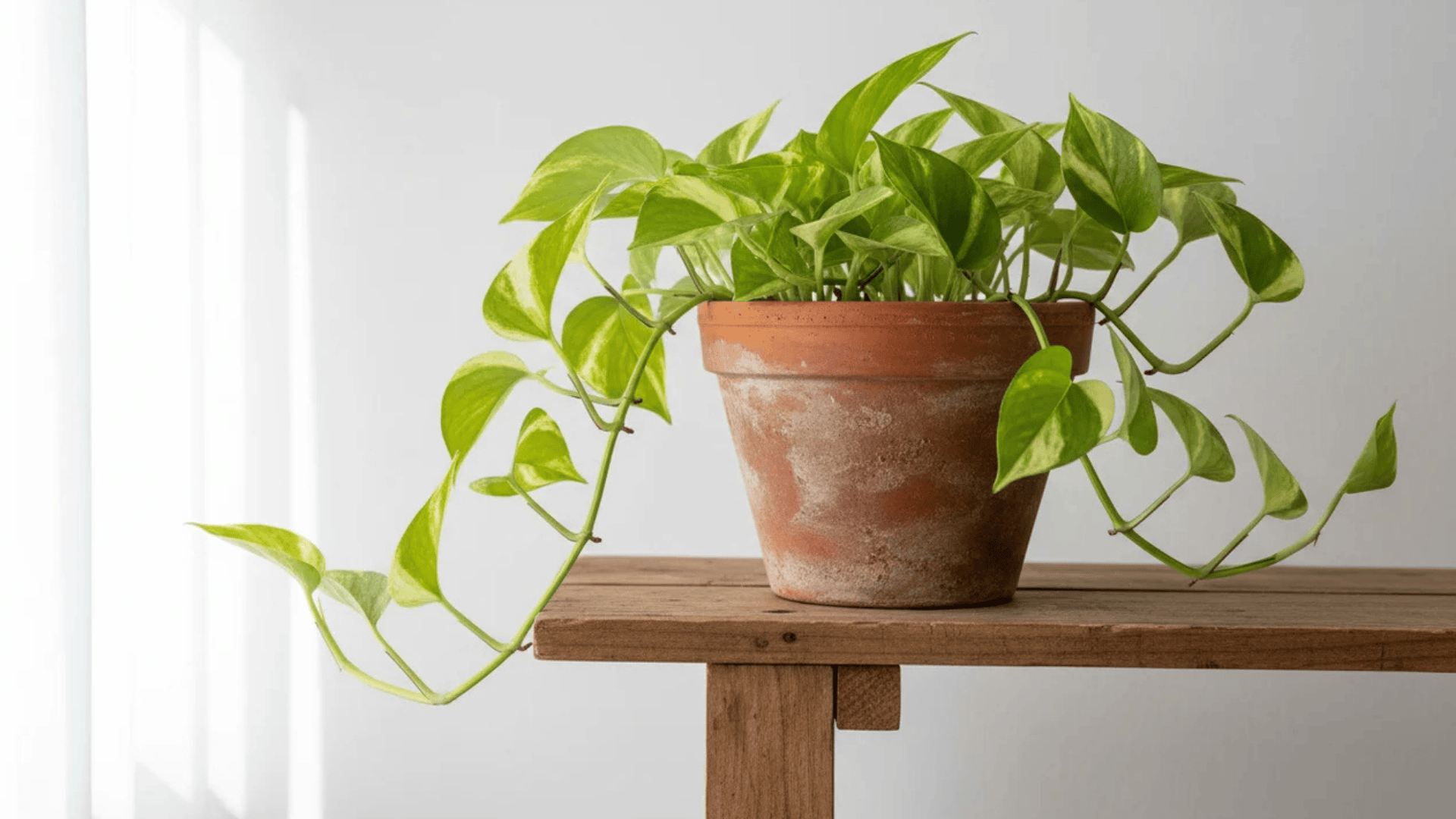 a green leafy plant in a clay pot on a wooden table near window