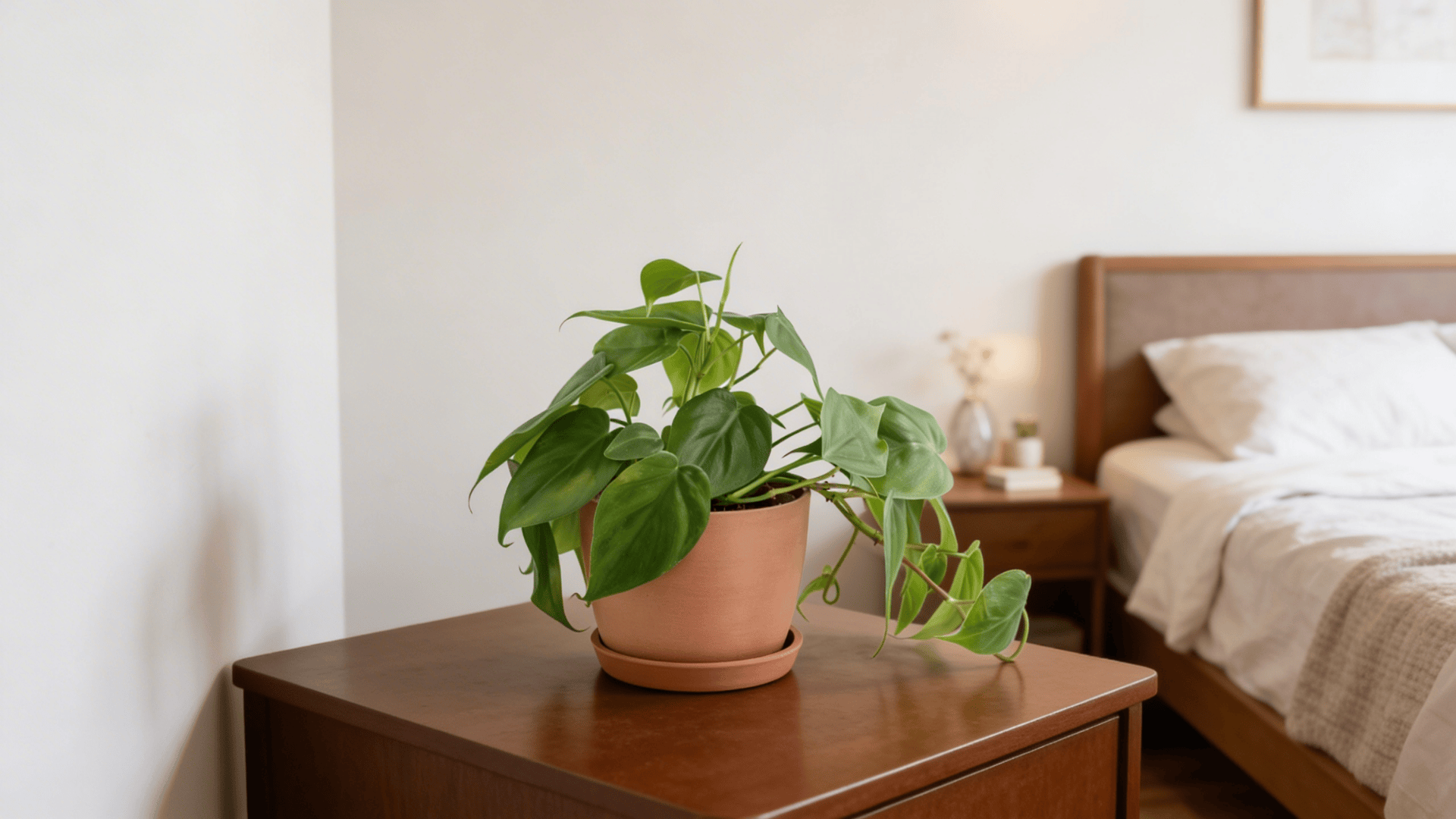 a green philodendron plant with heart shaped leaves in a clay pot placed on a wooden table in a bedroom