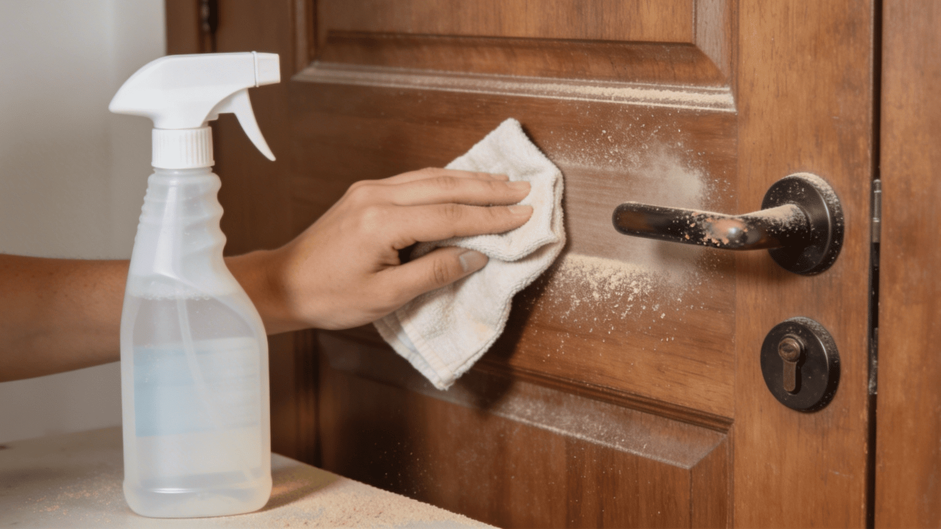 a hand wiping dust from a wooden door with cloth while spray bottle sits nearby and sanding residue covers handle