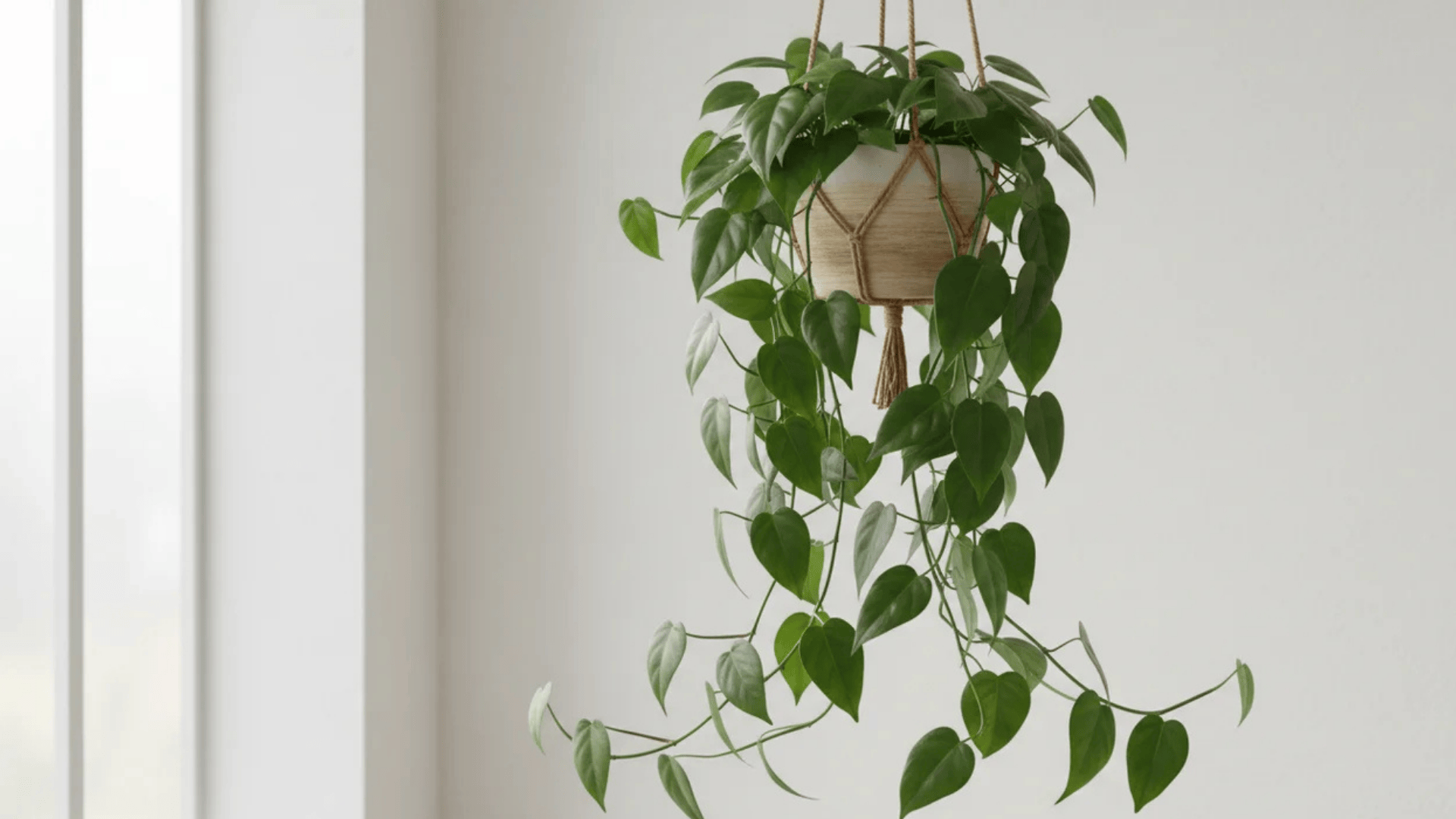 a hanging green leafy plant in a pot suspended by ropes near a bright wall