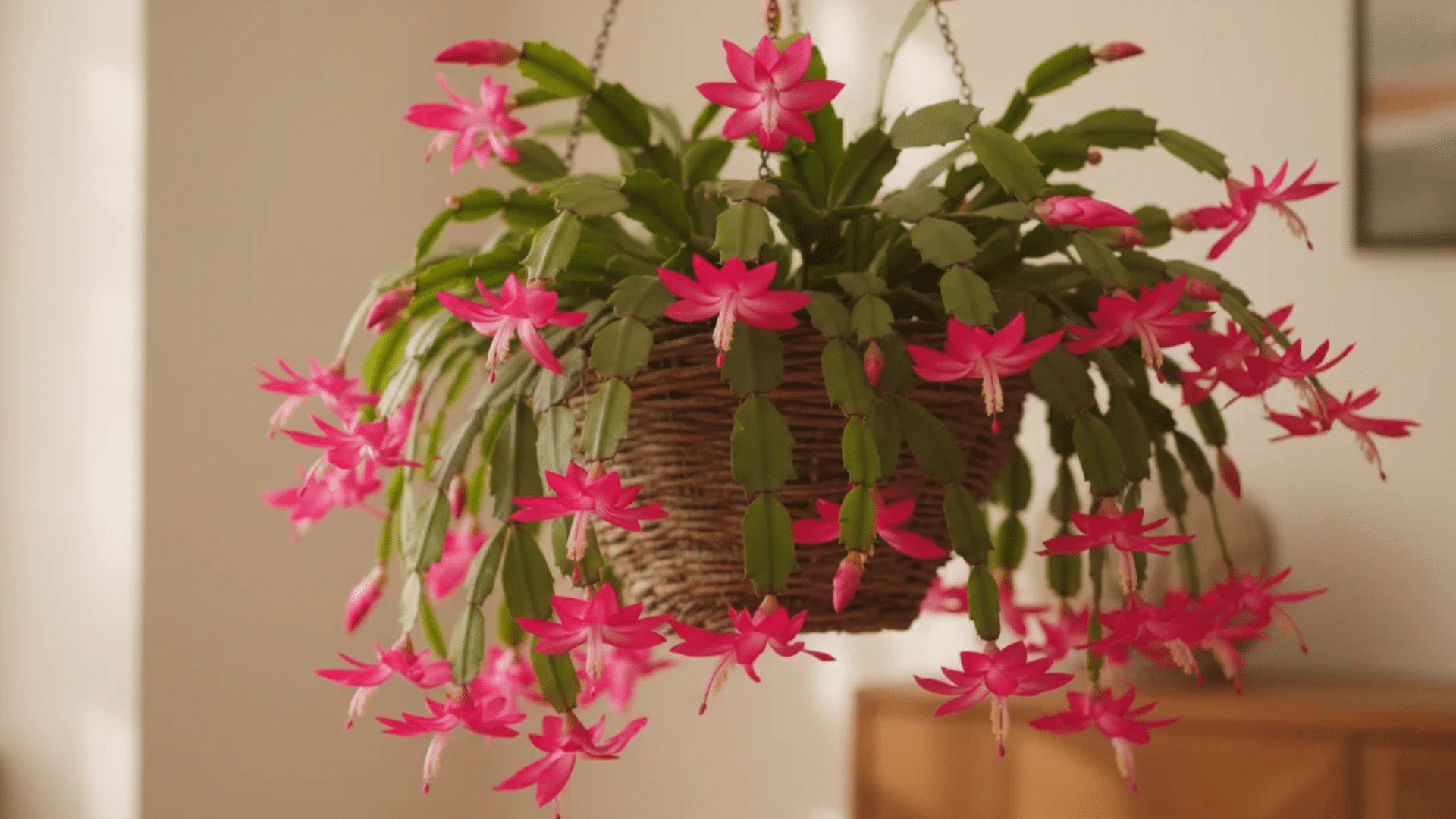a hanging plant with flat green stems and bright pink flowers in a woven basket indoors near soft light