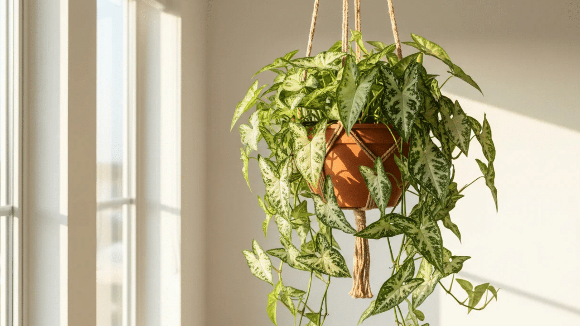 a hanging plant with green and white variegated leaves in a terracotta pot suspended by ropes near a sunlit window