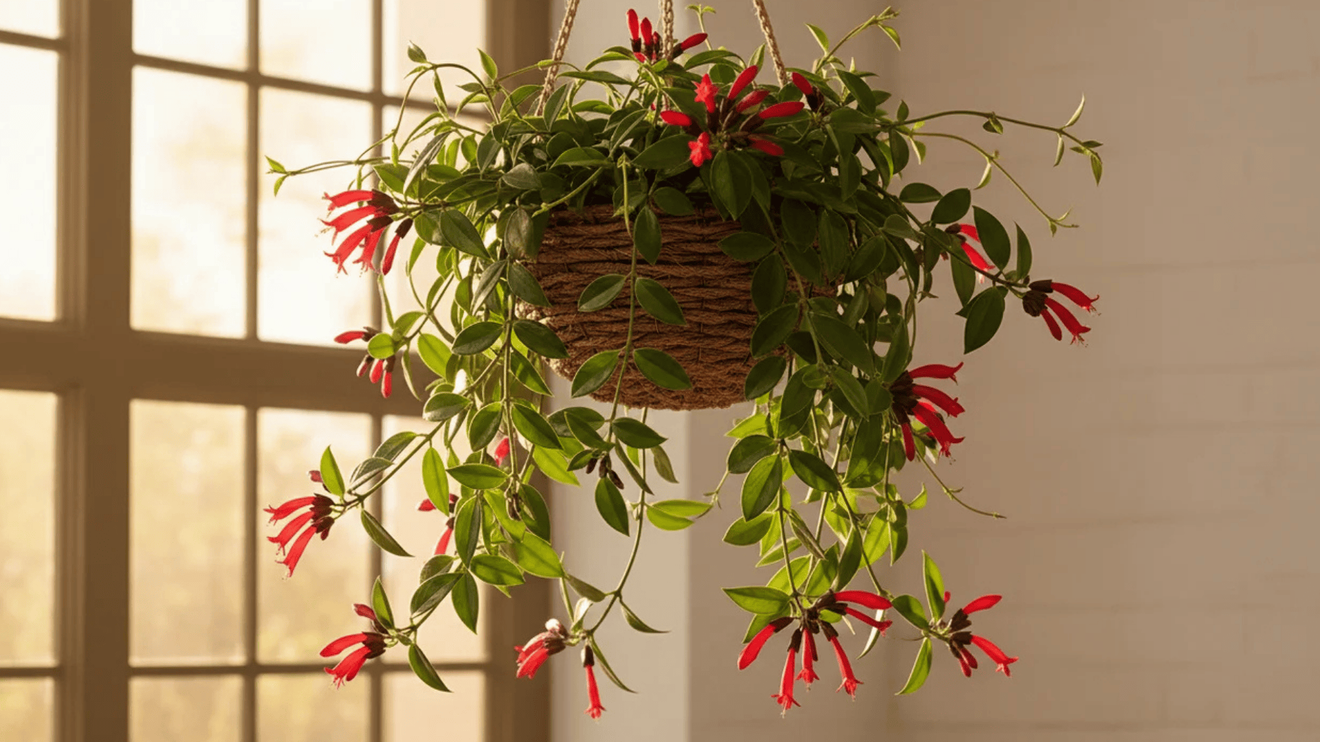 a hanging plant with green leaves and small red tubular flowers in a woven basket near a sunlit window