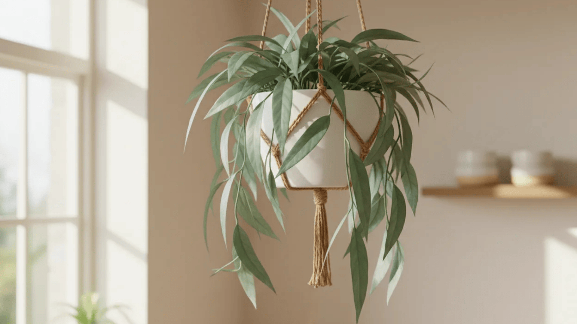 a hanging plant with long narrow green leaves in a white pot suspended by ropes near a softly lit window
