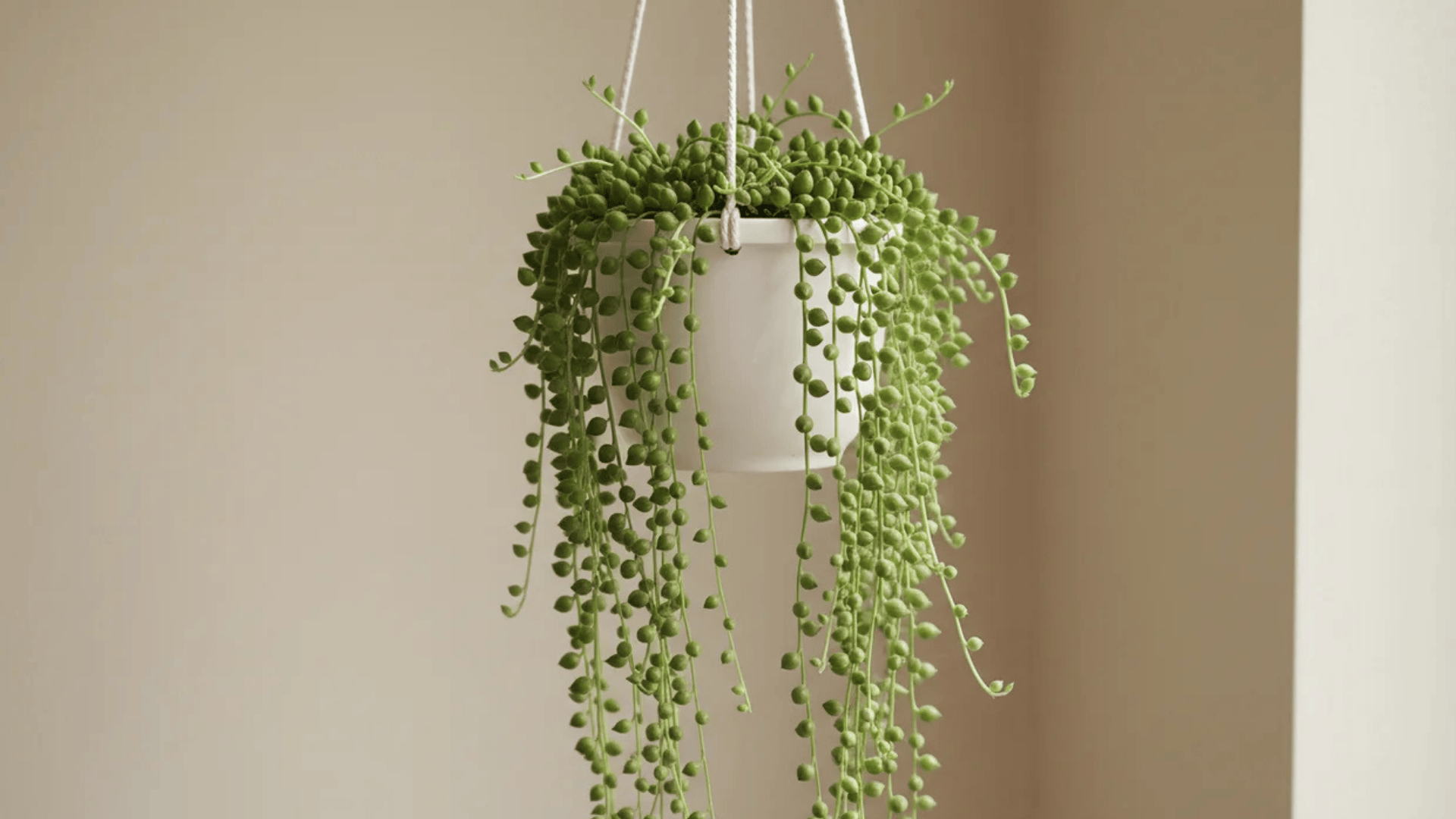 a hanging plant with long trailing strands of small round green leaves in a white pot suspended by ropes