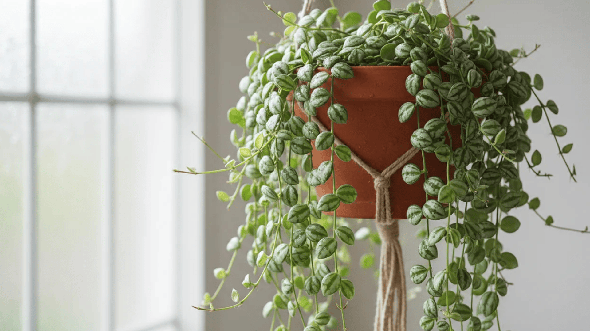 a hanging plant with small round green and silver patterned leaves in a terracotta pot near a bright window