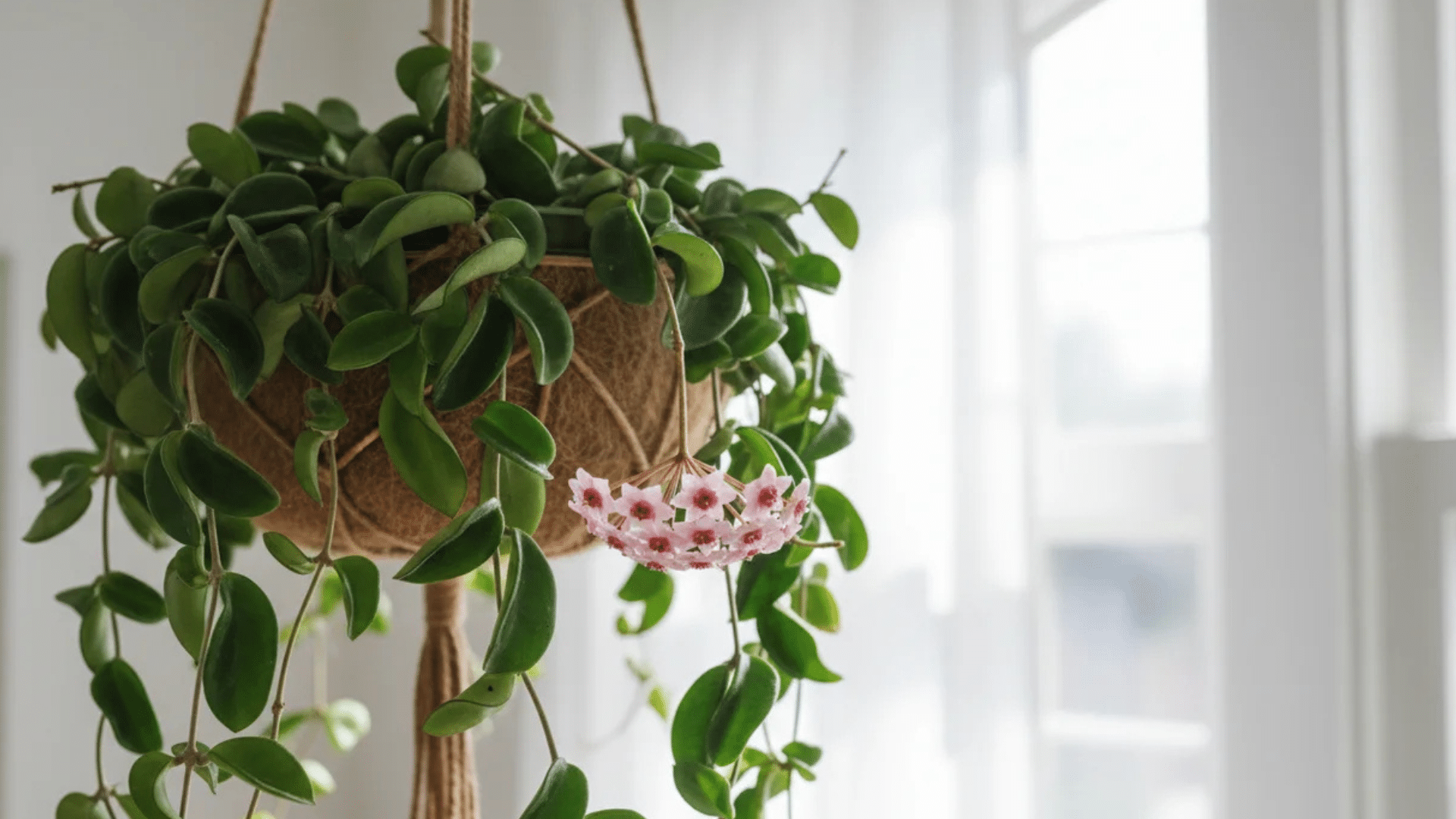 a hanging plant with thick green leaves and small pink clustered flowers in a woven pot near a bright window