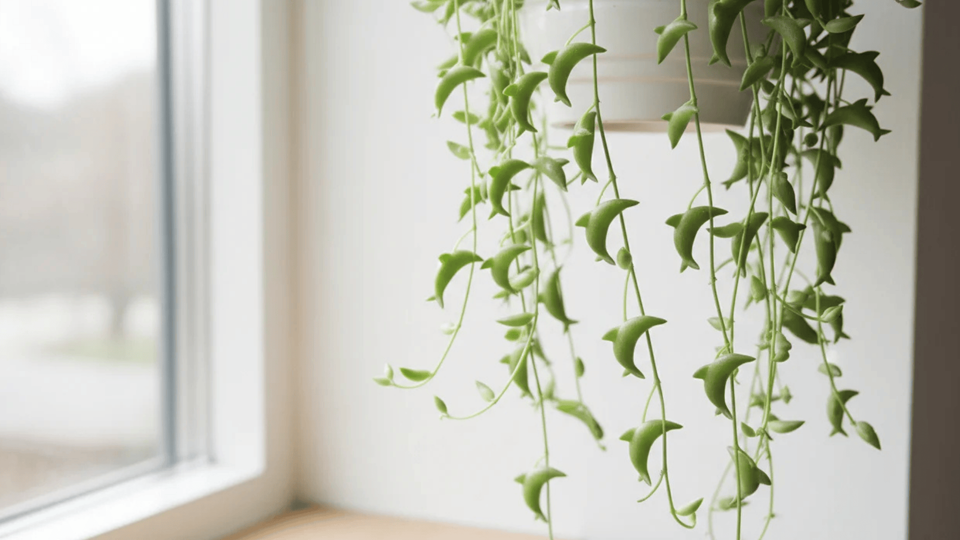 a hanging plant with thin trailing stems and small curved green leaves in a white pot near a window