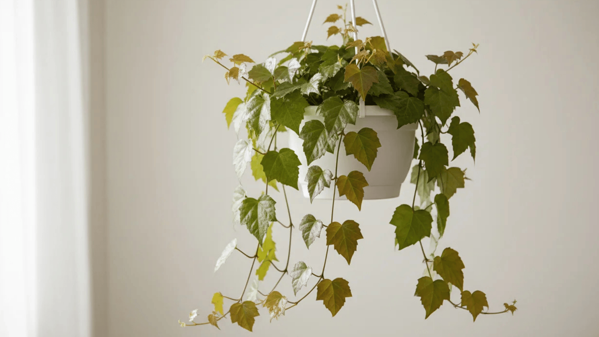 a hanging plant with trailing green leaves in a white pot suspended by thin wires against a light background