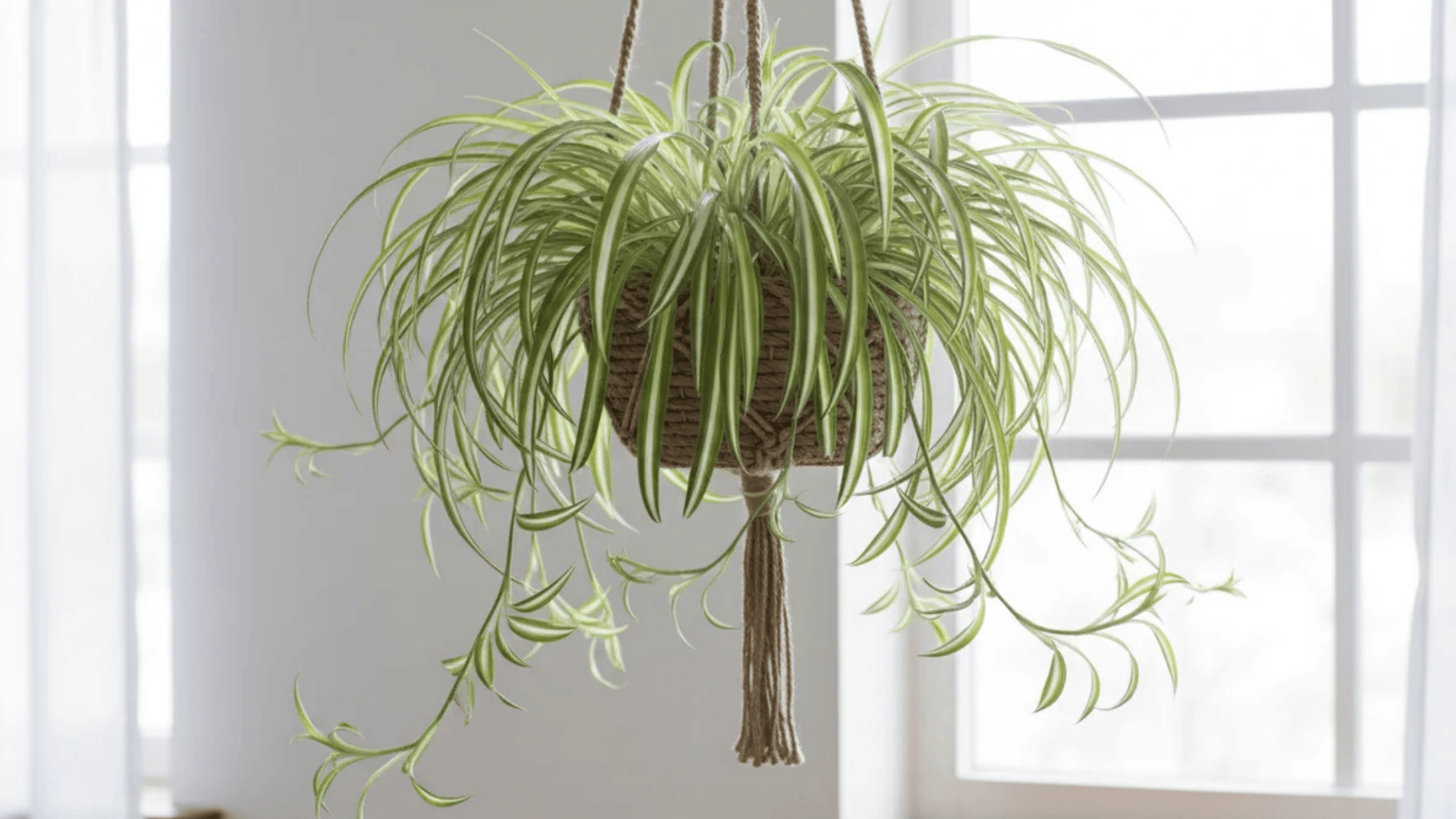 a hanging spider plant with long thin green leaves in a woven pot near a bright window