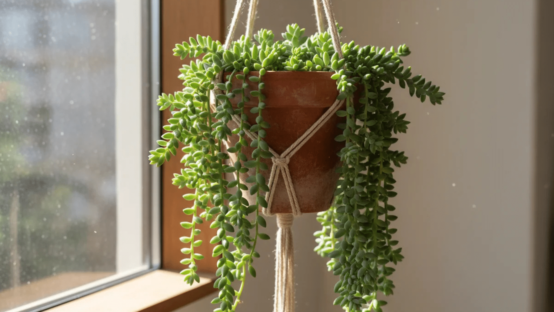a hanging succulent with thick green trailing stems in a terracotta pot near a sunlit window