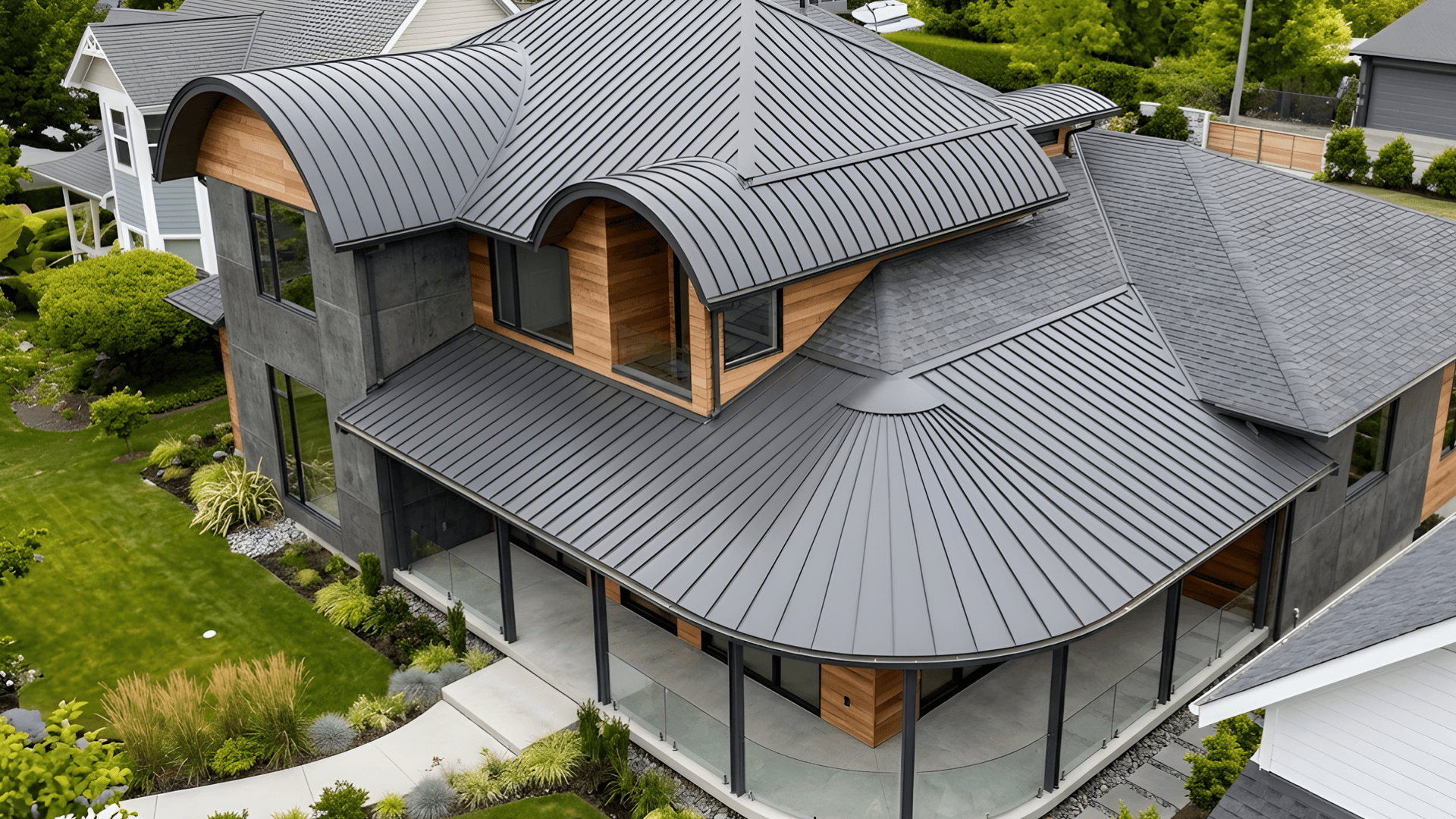 a house with a combination of gable and curved roof types covered in metal roofing for a sleek and contemporary look