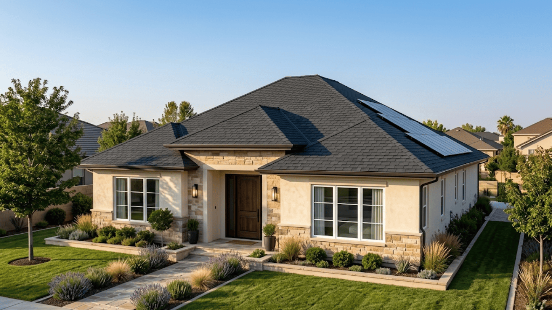 a house with a pitched roof featuring dark red tiles and dormer windows providing extra space