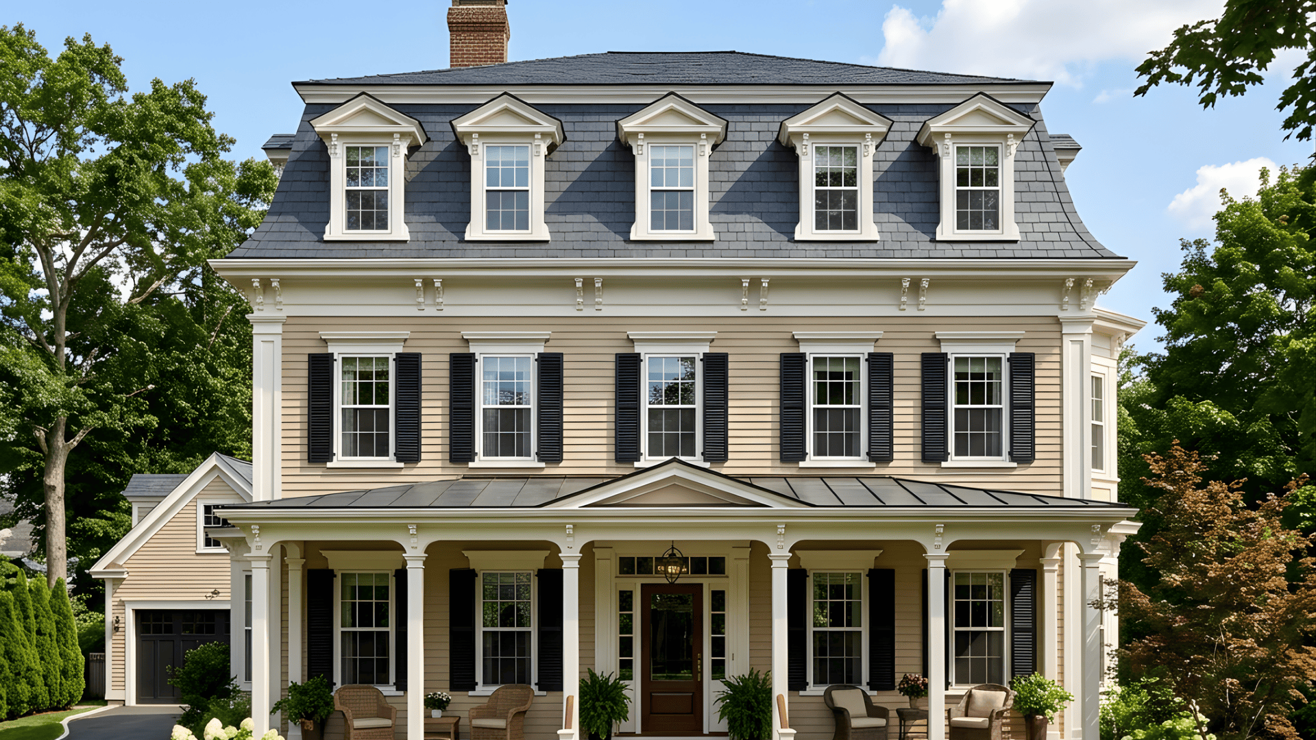 a house with a steeply pitched roof covered in dark gray slate shingles with dormer windows