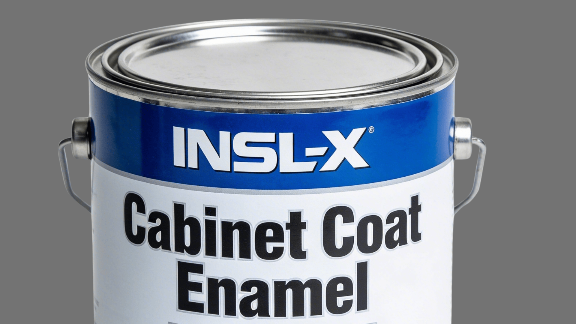 a insl x cabinet coat enamel paint can with metal handle on white background