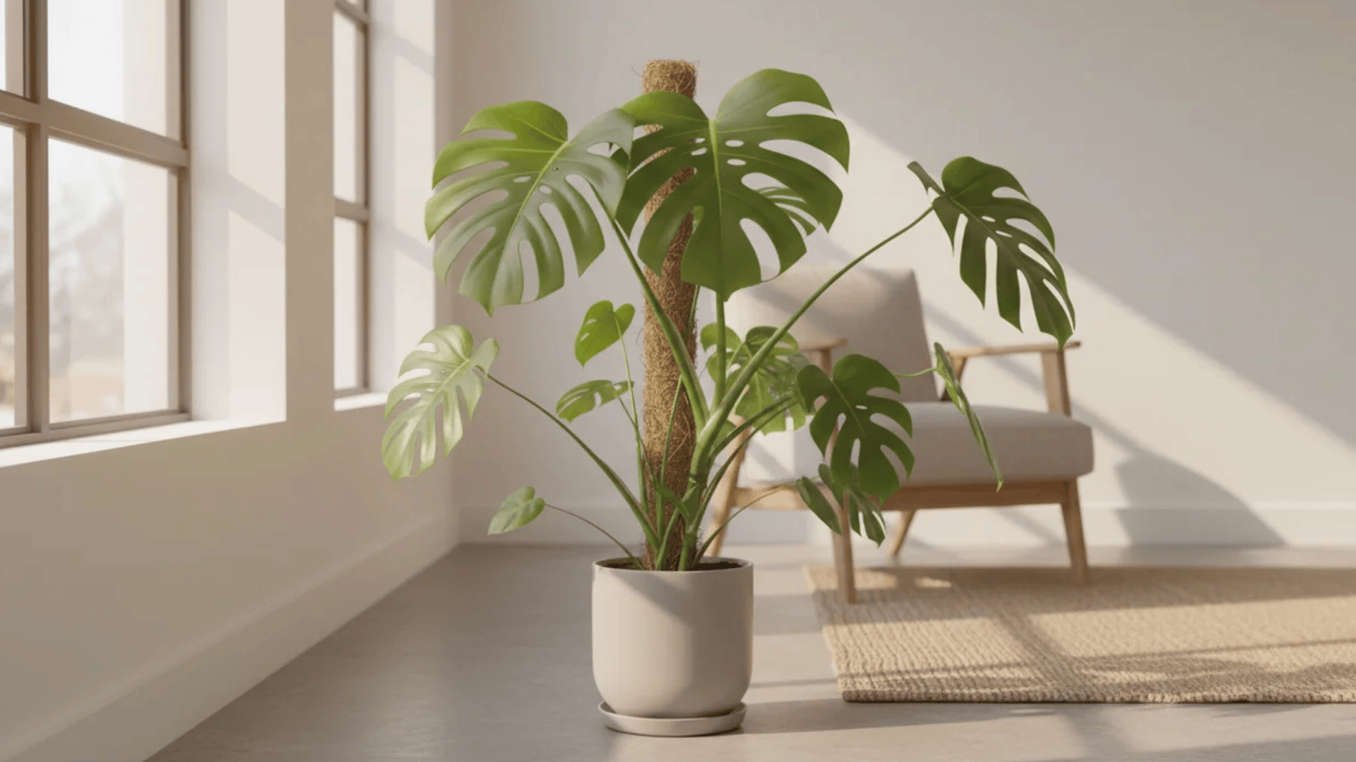 a large green monstera plant in a pot placed on the floor near a window with sunlight in a minimal room