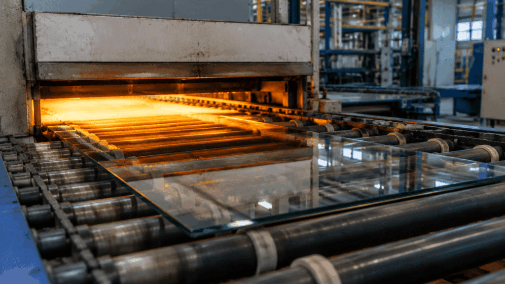 a large sheet of tempered glass moving on rollers through a glowing furnace in an industrial factory setting