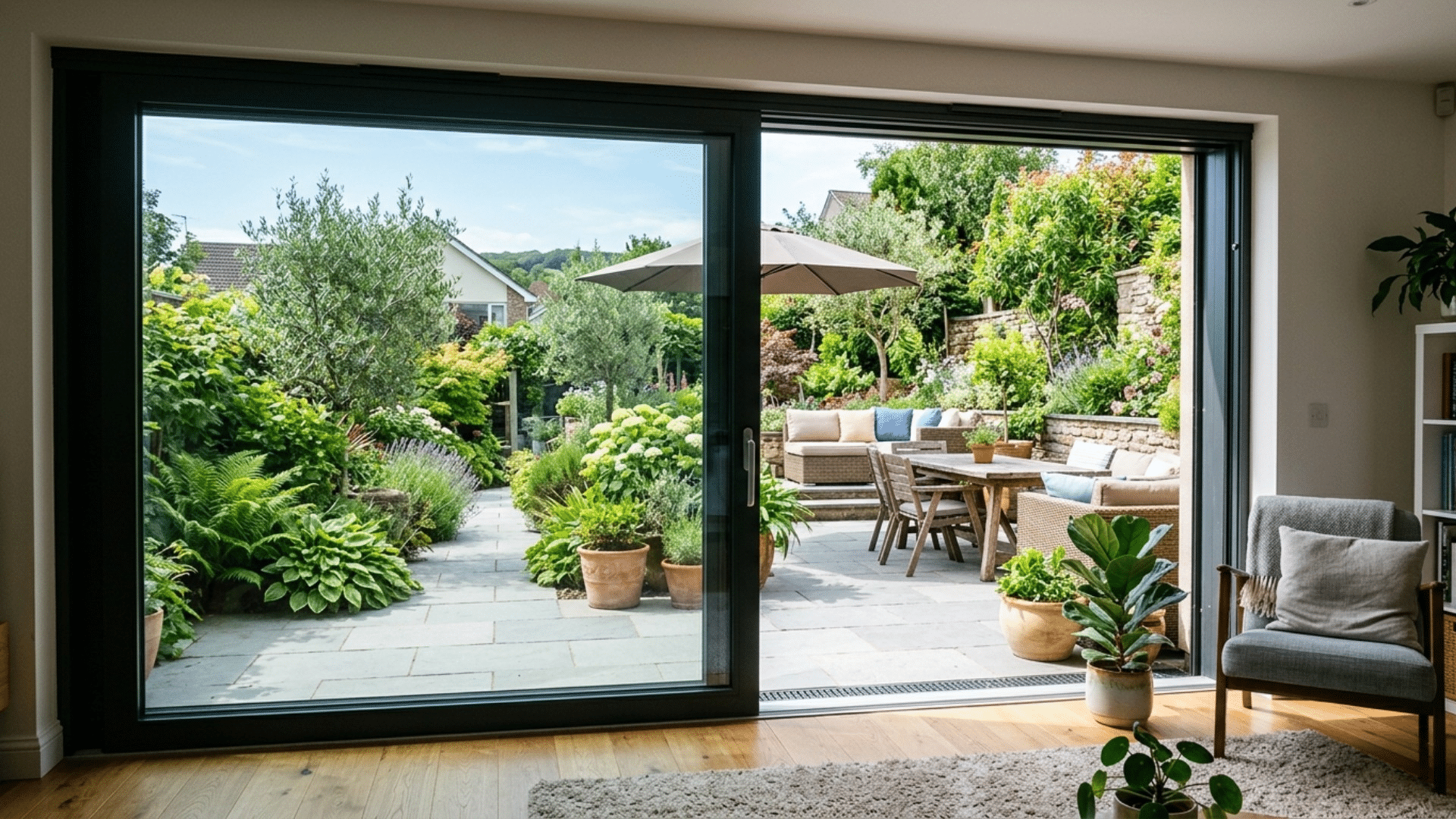 a large sliding glass door opening to garden patio seating