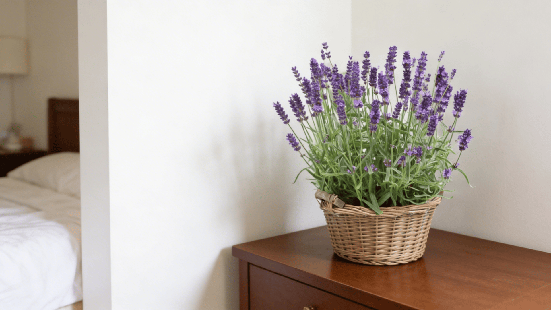 a lavender plant with purple flowers in a woven basket placed on a wooden table near a bed