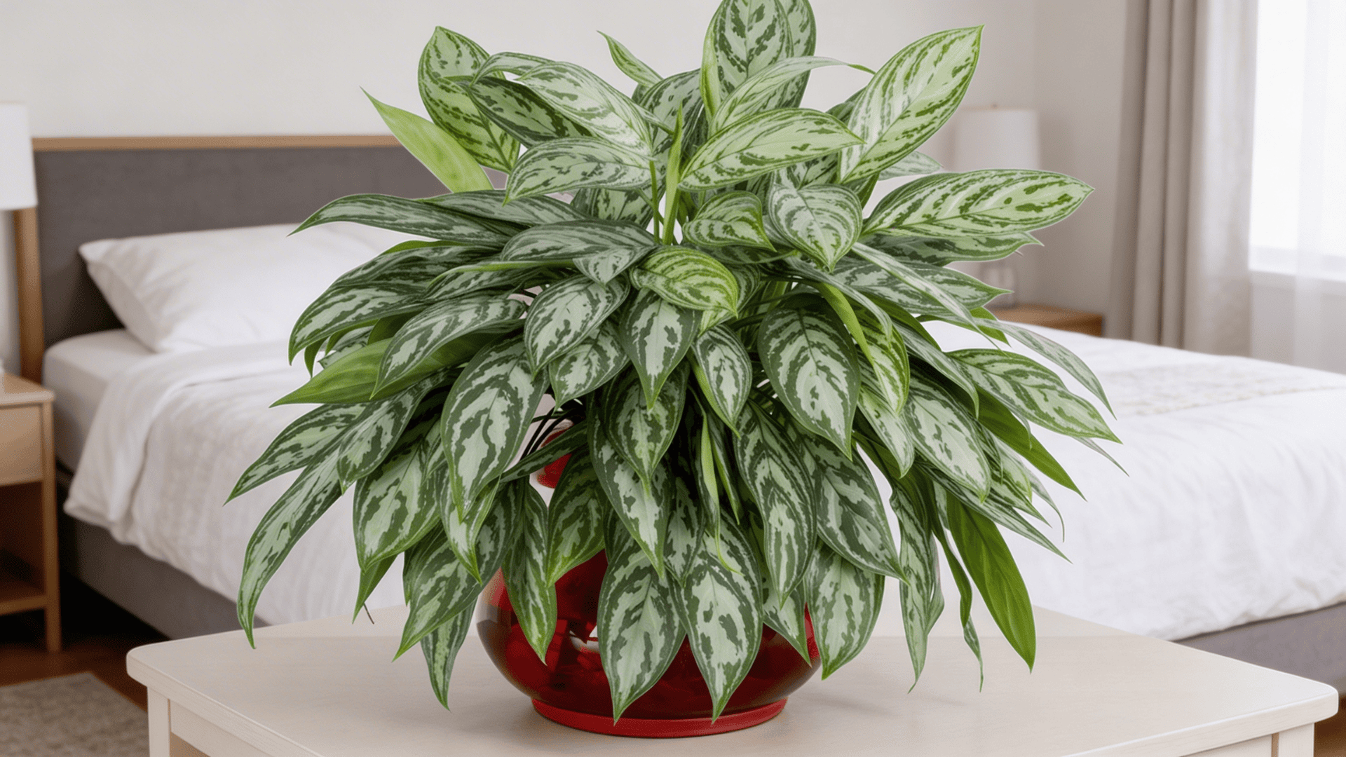 a leafy houseplant with patterned green leaves in a red glass pot placed on a table in a bright bedroom