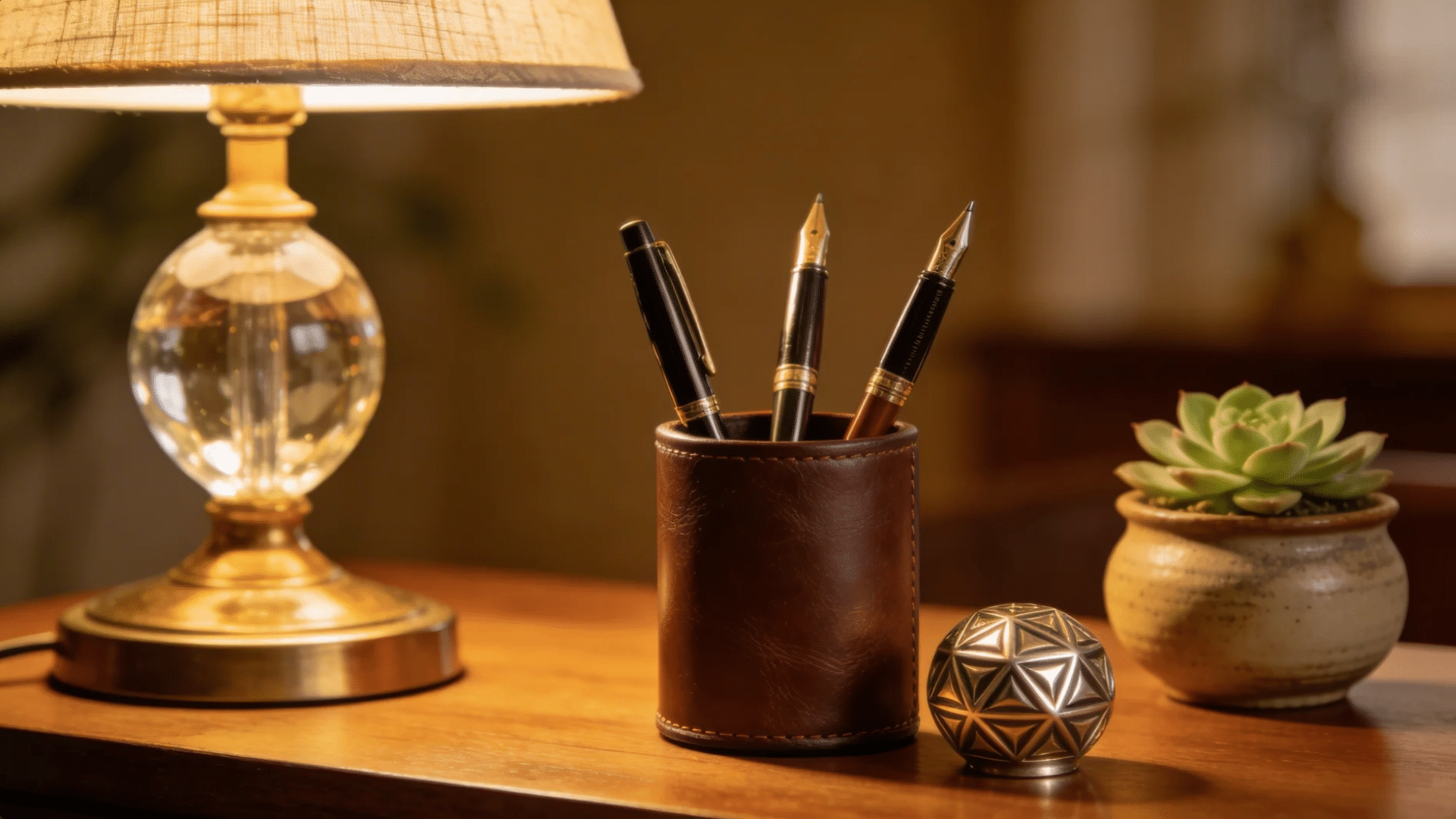 a leather pen holder with elegant fountain pens displayed on a desk beside a lamp and small plant for favorite things party gift ideas
