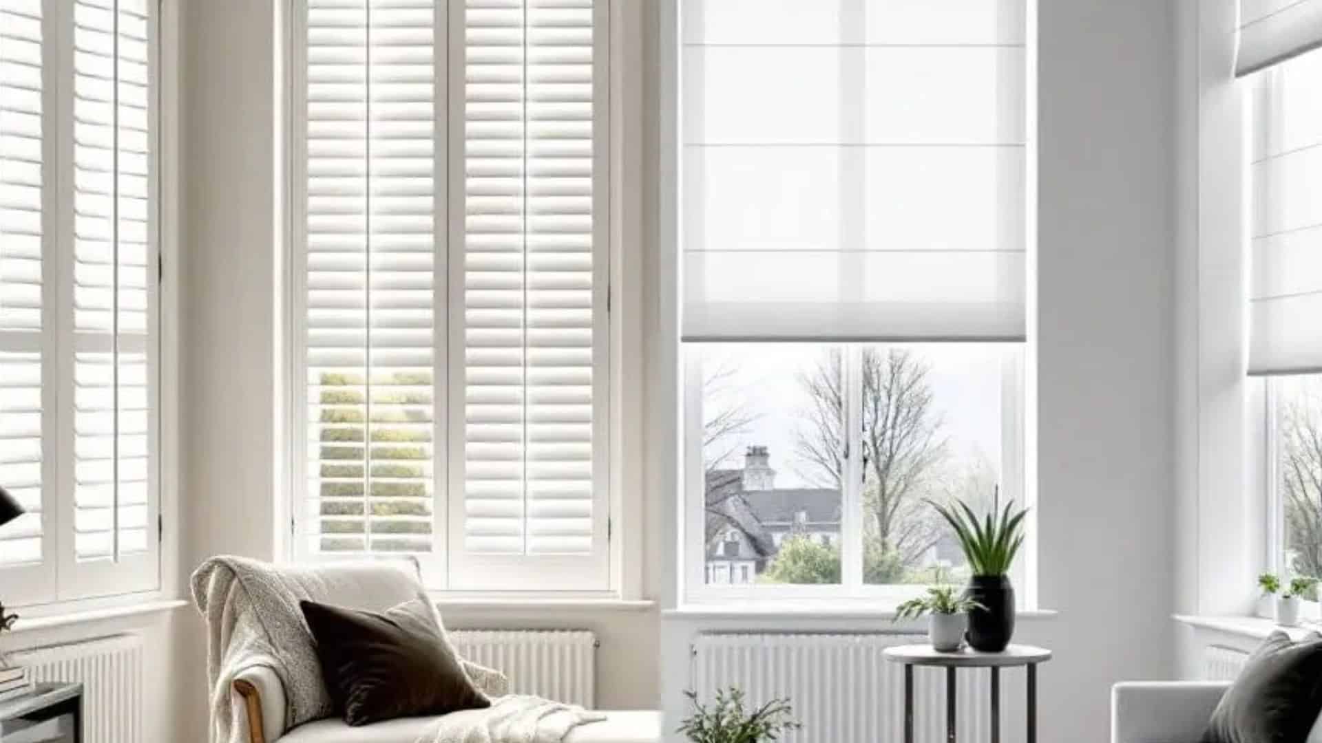a light filled living room with white shutters and a roller shade near a window beside a sofa and small table with plants