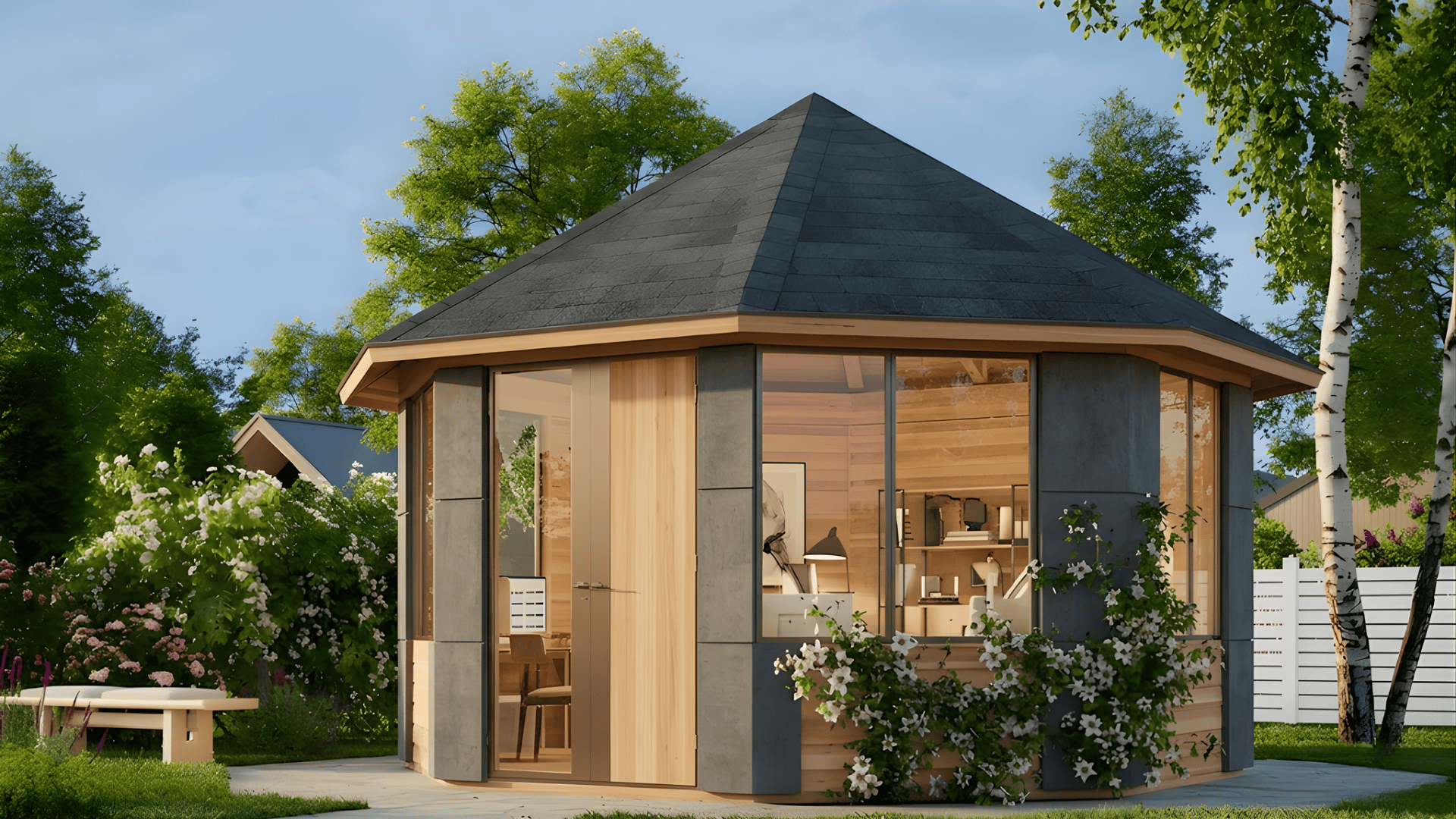 a little house with a cone shaped roof type and garden covered in shingles for a cozy and charming look
