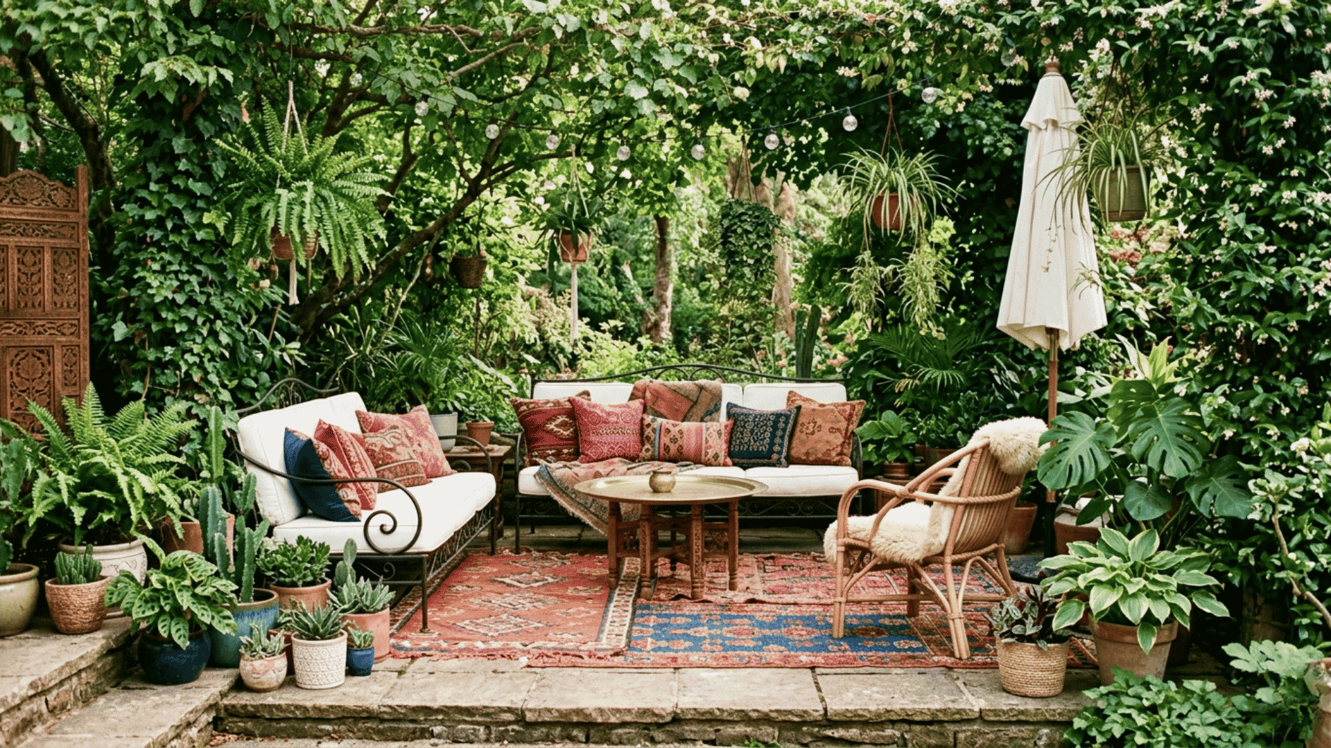 a lush garden patio with sofas colorful pillows table and hanging plants surrounded by dense greenery and outdoor decor