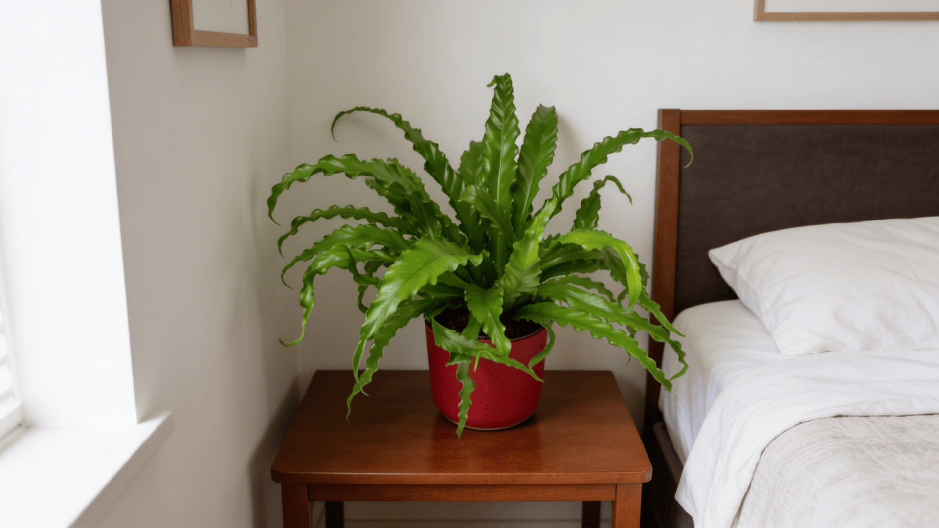 a lush green fern with long wavy leaves in a red pot placed on a wooden bedside table next to a bed