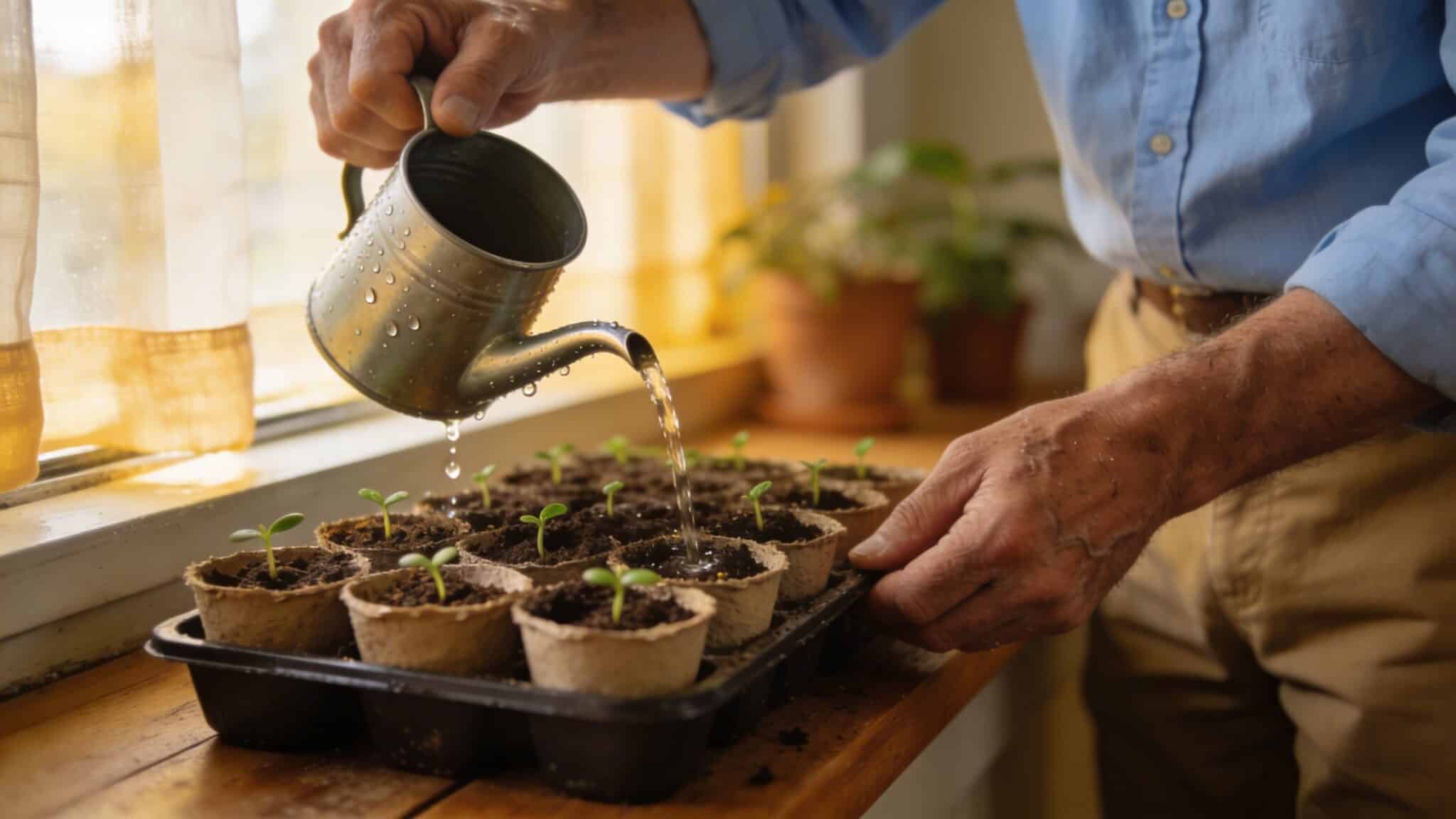 a man watering plants showing how to start seeds indoors