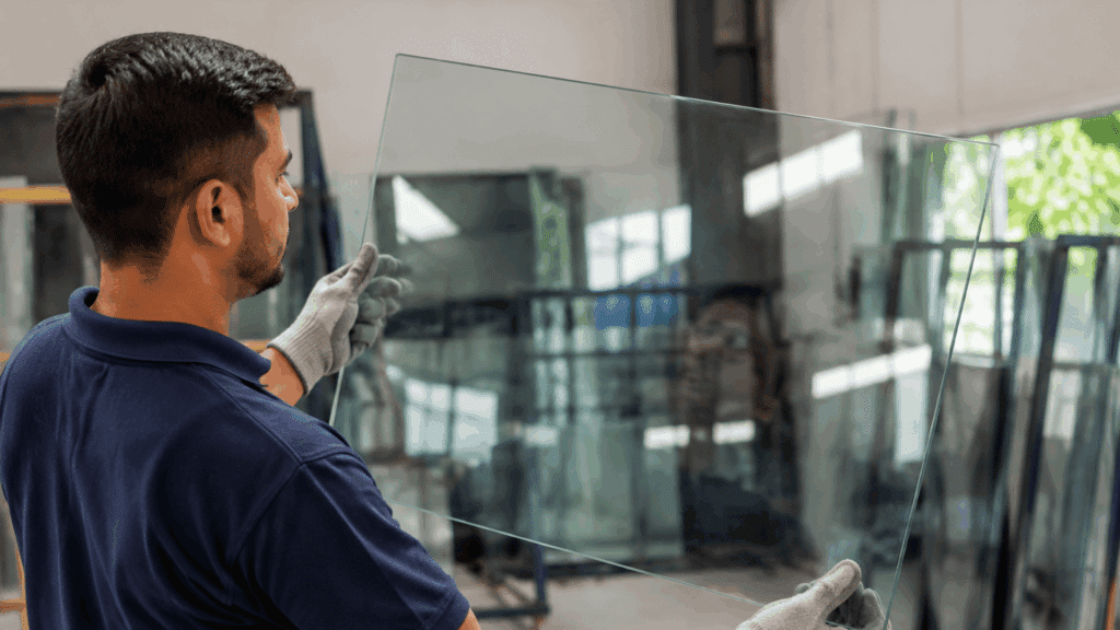 a man wearing gloves holding a large sheet of tempered glass in an industrial workshop with racks of glass panels behind him