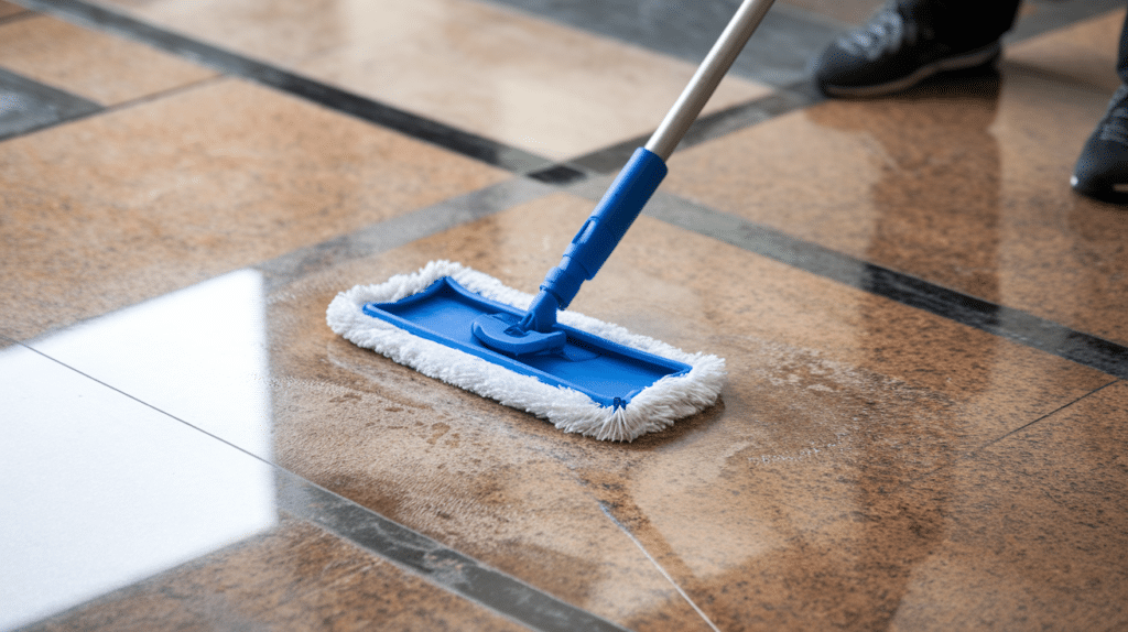 a microfiber flat mop being used to clean granite floor tiles with homemade granite cleaner solution