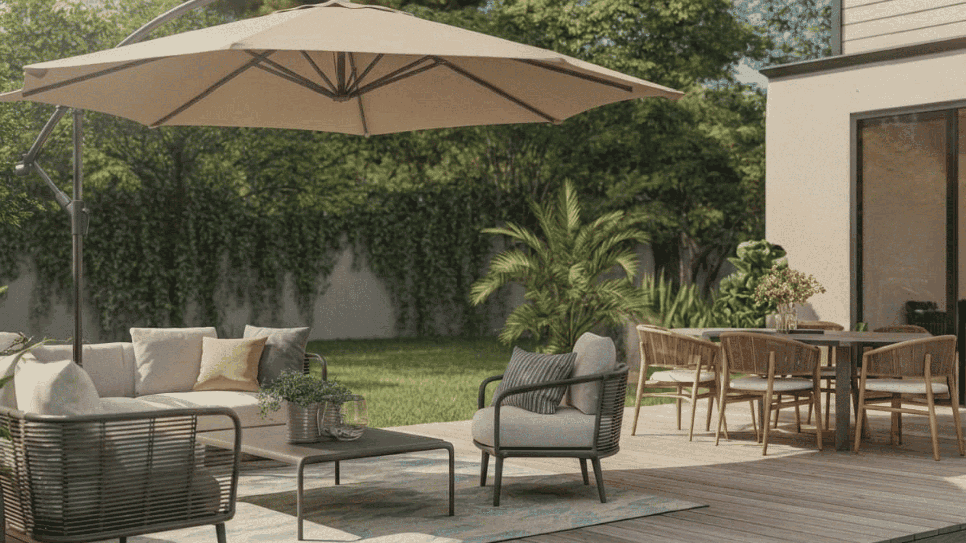 a modern backyard patio with outdoor sofa chairs table umbrella and dining set on wooden deck surrounded by green plants (1)