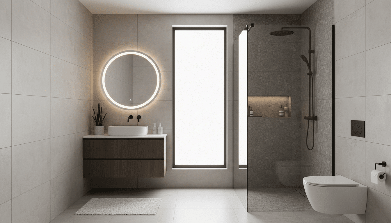 a modern bathroom with floating wooden vanity round lit mirror sink plant glass shower and wall mounted toilet