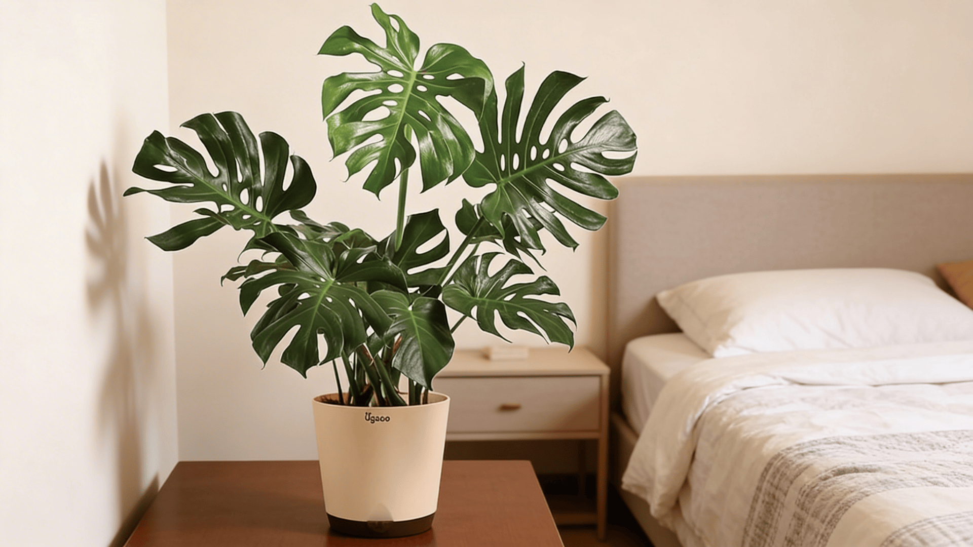 a monstera plant with large split green leaves in a white pot placed on a wooden table beside a bed