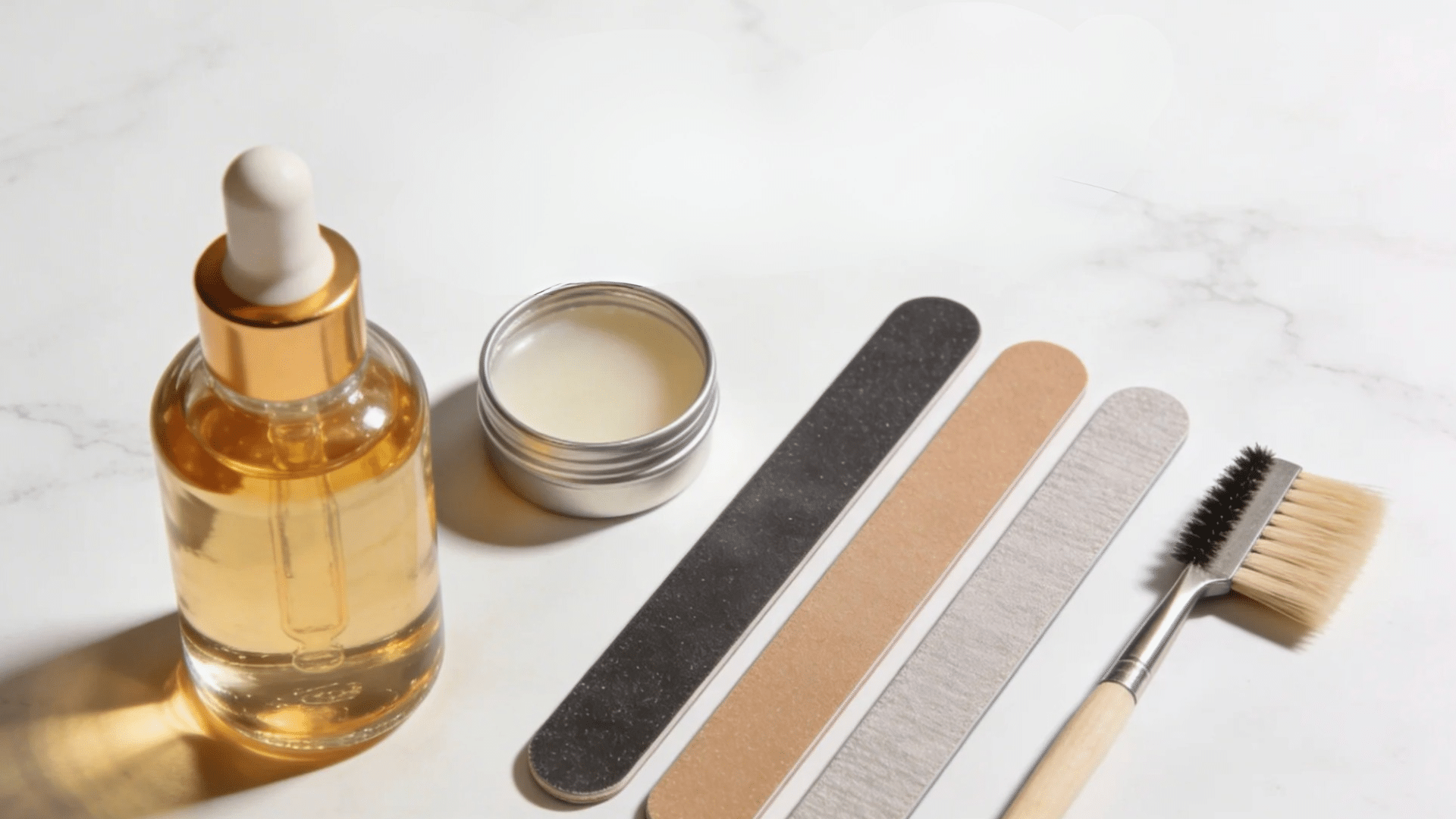 a nail care set with oil bottle files and brush neatly arranged on a surface for favorite things party gift ideas