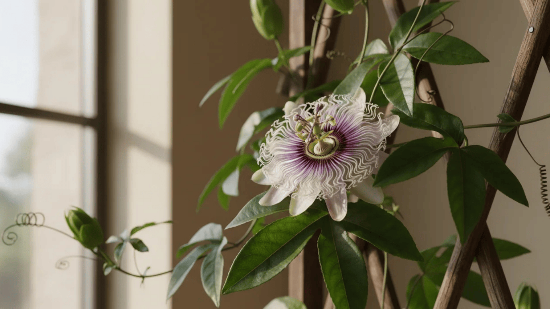 a passionflower with white and purple petals growing on a green vine supported by a wooden trellis near a window