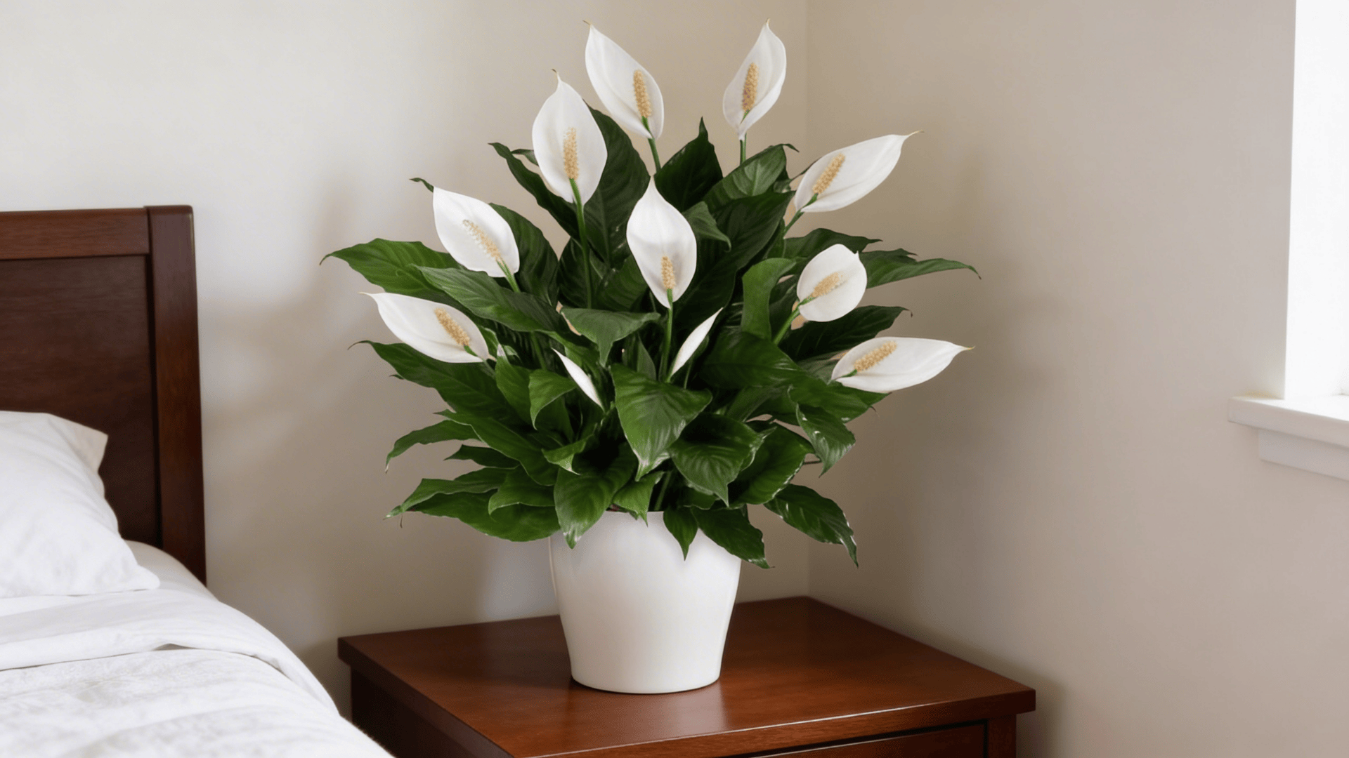 a peace lily plant with white flowers and dark green leaves in a white pot placed on a wooden bedside table