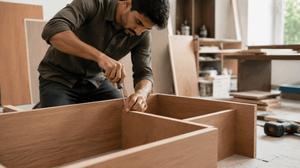 What Is Engineered Wood: Benefits, Drawbacks And Uses a person assembling a wooden cabinet from engineered wood panels in a sunlit workshop