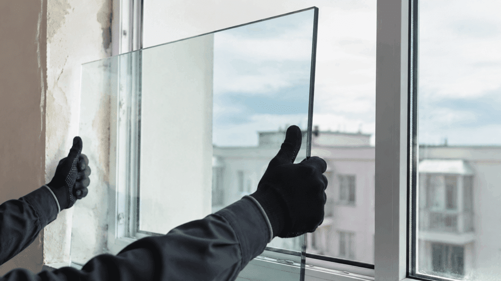 What is Tempered Glass: Meaning, Properties & Uses a person wearing gloves holding a tempered glass panel while positioning it into a window frame with buildings visible outside