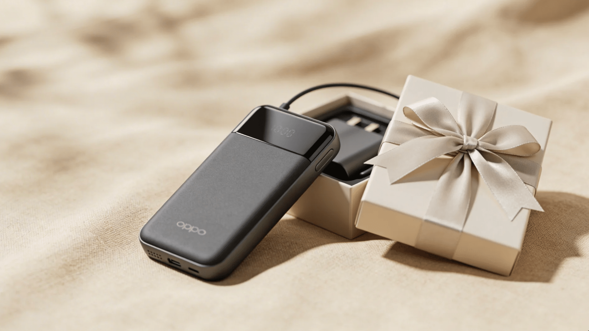 a portable power bank placed next to a small gift box with a ribbon as a practical and thoughtful option for favorite things party gift ideas