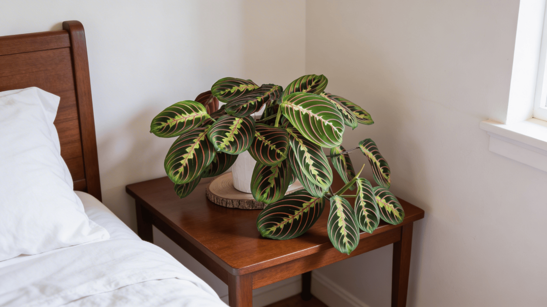a prayer plant with patterned green and red leaves in a white pot placed on a wooden bedside table near a bed