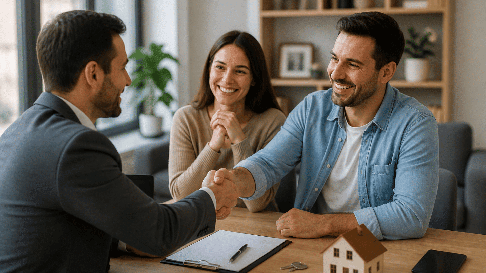 a real estate agent shakes hands with couple at table with contract keys and small house model during home buying meeting