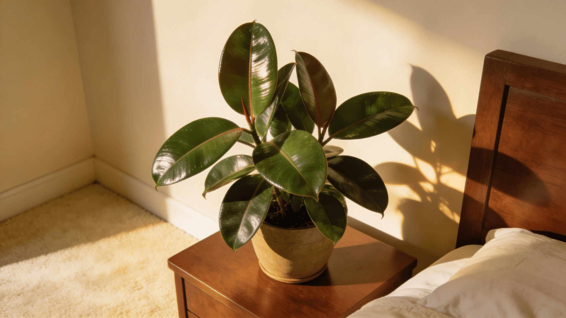 a rubber plant with thick glossy green leaves in a pot placed on a wooden bedside table in warm sunlight